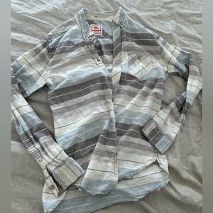 ☀️3/$25 FLINT and TINDER Men Cotton Shirt Brown Gray Striped Med Made USA medium